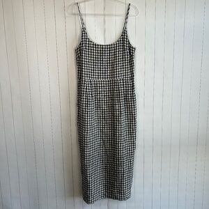 Quince size L scoop neck midi dress 100% European linen khaki black gingham